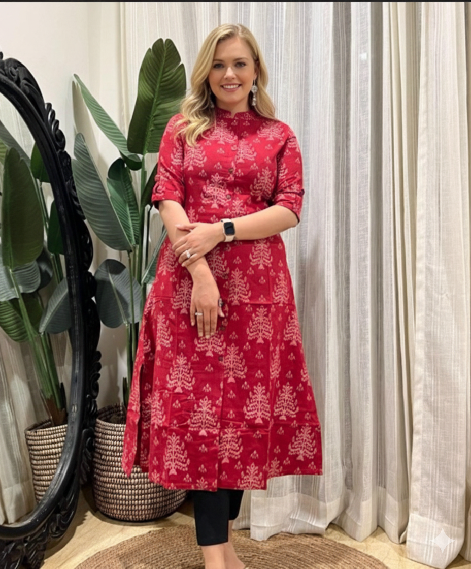 The Crimson Blossom Regular Fit Kurta Dress