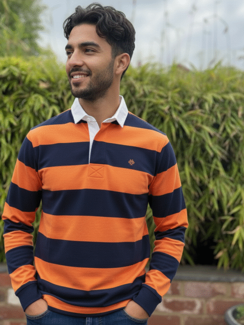 Polo Collar Neck Cotton Regular Fit Tripped Orange Black full sleeve T-Shirt