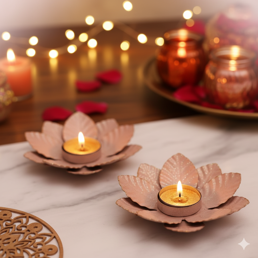 Golden Bloom Metal Diya Set