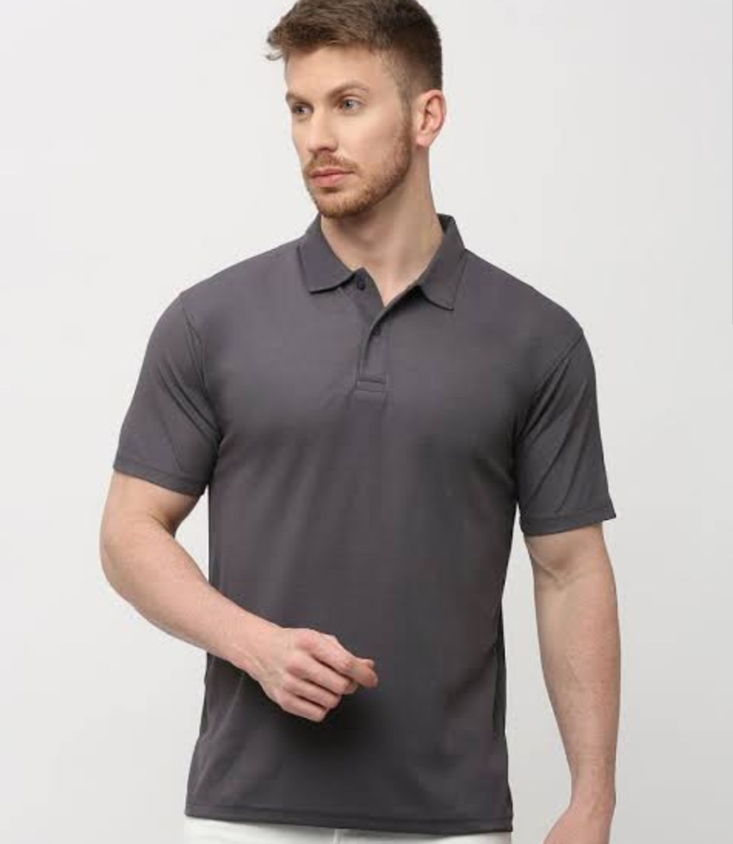 Polo Collar Neck Cotton Regular Fit Solid Grey T-Shirt