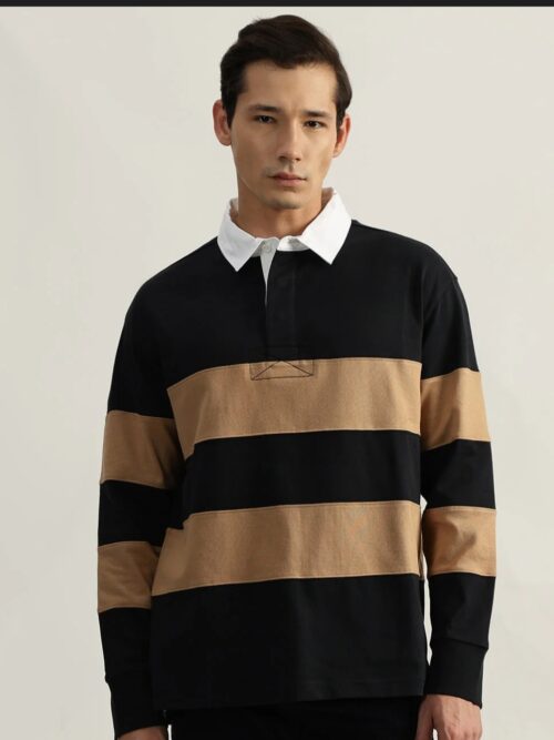 Polo Collar Neck Cotton Regular Fit Tripped Black/ Camel full sleeve T-Shirt