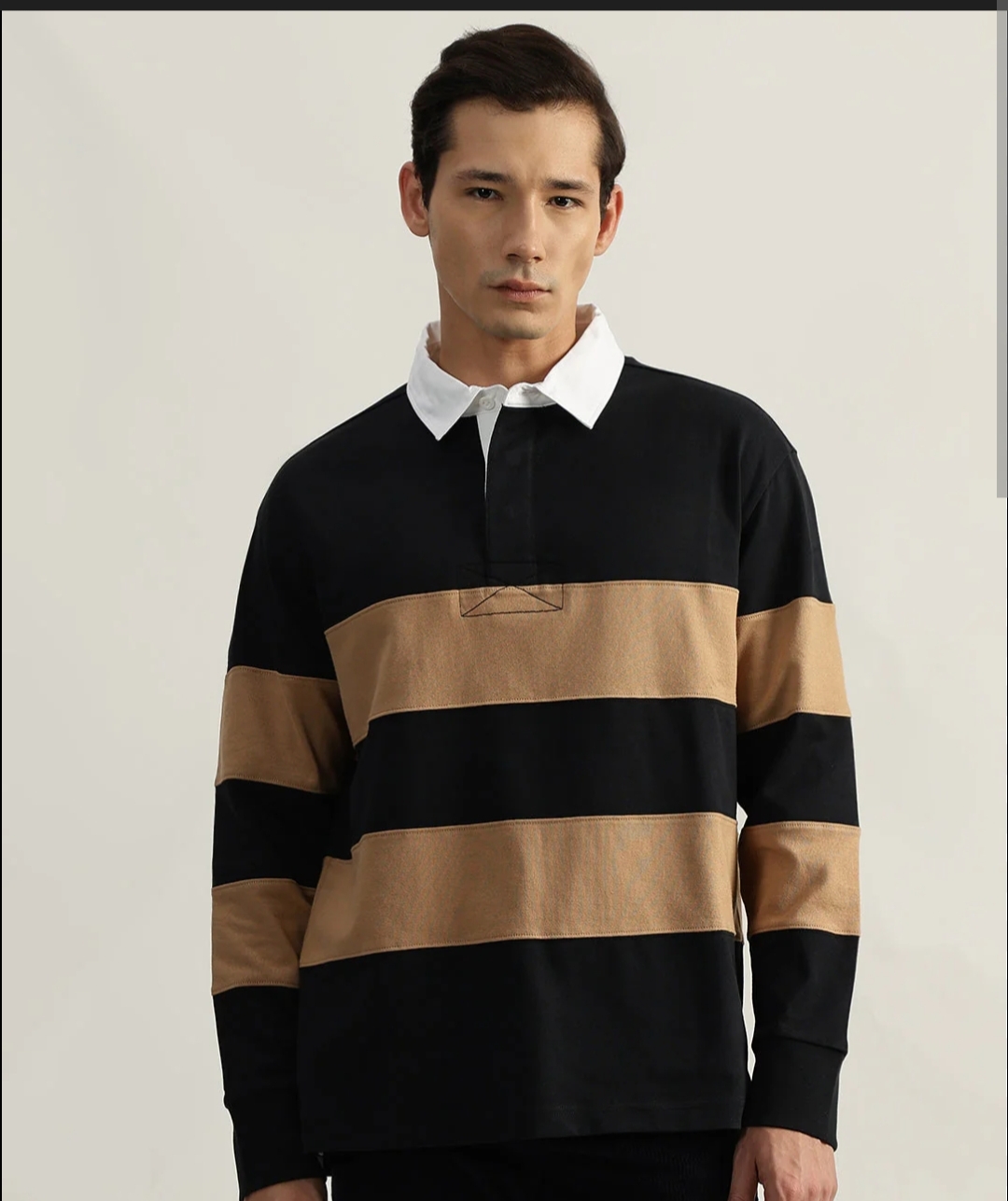 Polo Collar Neck Cotton Regular Fit Tripped Black/ Camel full sleeve T-Shirt
